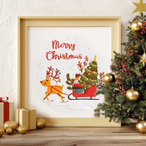 Image of wtisan Christmas Embroidery Kit, Cross Stitch Kits for Beginners, Needlepoint with All Tools & Instructions, Stamped Hand Embroidery Starter Kit for Holiday Crafts & Xmas Home Decor, W15