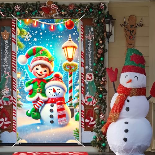 Image of BlissYard Merry Christmas Elf and Snowman Door Cover 71x35 Inch Holiday Front Porch Door Banners Decoration Winter Green Elf Hat Striped Tights Snowy for Sign Party Indoor Outdoor Decor Party Decor