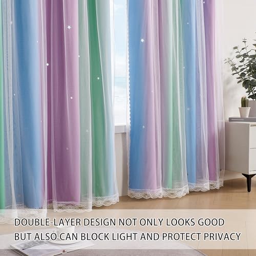Image of XiDi Green Purple Blue Curtains 72 Inches Long for Girls Bedroom 2 Panels Set, Blackout Rainbow Curtains for Kids Room Decor, Unicorn Wall Decals Drapes for Little Girl Nursery Room 52 Inches Wide