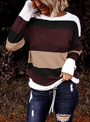 Image of Dokotoo Womens Sweaters Striped Fall Winter Outfits Drawstring Color Block | Long Sleeve,Crewneck,Lightweight Fashion Clothing,Teachers Comfy Outfits,Business Casual Tops,Vacation Wear