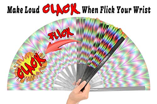 Omytea Large Rave Clack Folding Hand Fan For Men/Women - Chinese Japanese Bamboo Handheld Fan - For Edm, Music Festival, Club, Event, Party, Dance, Performance, Decoration, Gift (Trippy Waves) #TOP5