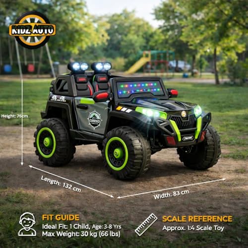 Image of KAB J 2188 Electric Ride-On Jeep for Kids with Remote Control | Rechargeable Battery Toy Car with Music, LED Decorative Lights, Openable Doors, Suspension & Bonnet Lighting | Green