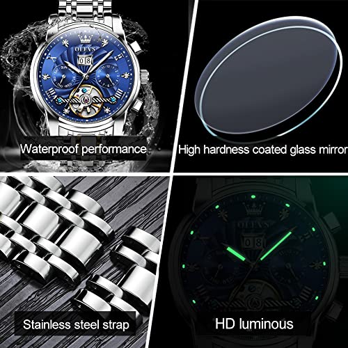 Image of OLEVS Men Automatic Watch Skeleton 5 Hands Mechanical Classic Luxury Multi Calendar Stainless Steel Waterproof Wrist Watch for Men