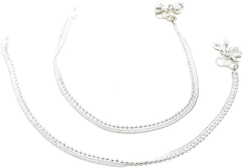 Indian Bollywood Women’s Bell Chain Anklet Payal Sets, Silver-Plated with Teardrop Rhinestones, Easy-to-Wear S-Hook Clasp, Everyday Comfort Fit, Perfect for Dance, Party, Beach and Gifts
