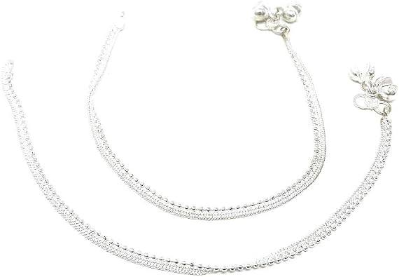 Duel On Jewel Indian Anklet Payal Set for Women, Silver Plated Chain Anklets with Bell, Jhanjar Paizeb Foot Jewelry Pair, Traditional & Dainty Styles, Wedding Dance Beach Everyday Wear Gift Jewelry