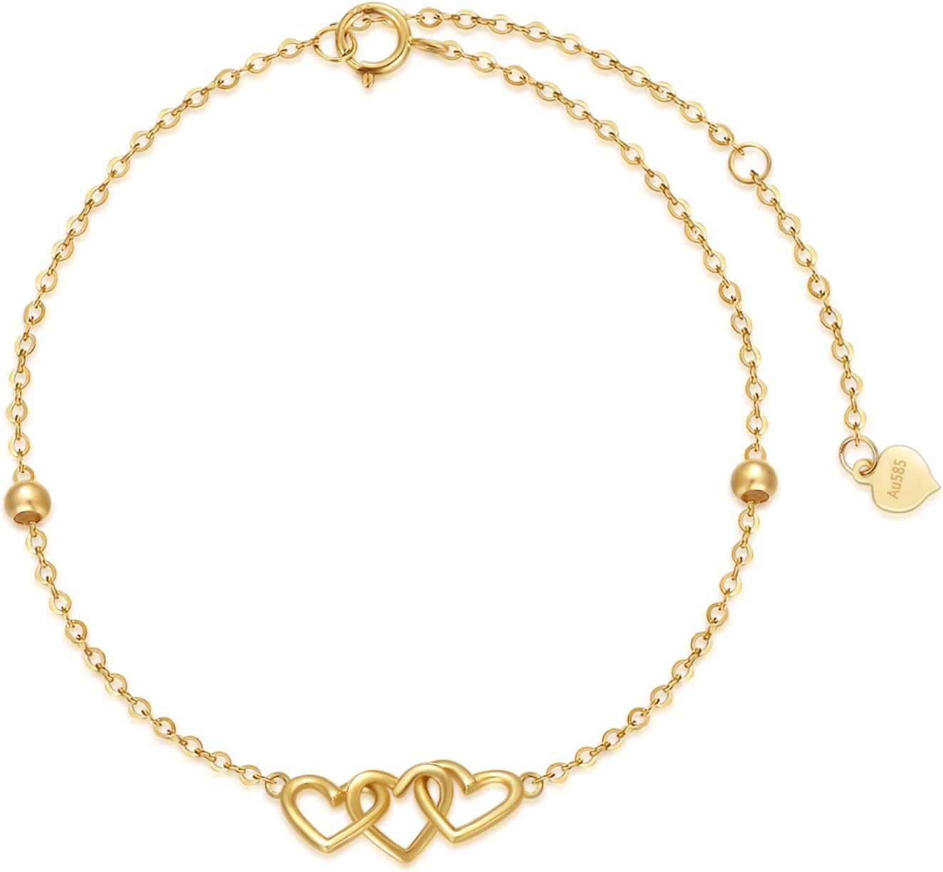 SISGEM 14K Real Gold Hearts Beaded Bracelets for Women,Yellow Gold Love Bracelet Three Hearts Jewerly Gifts for Birthday Christmas 6.5+2 inch