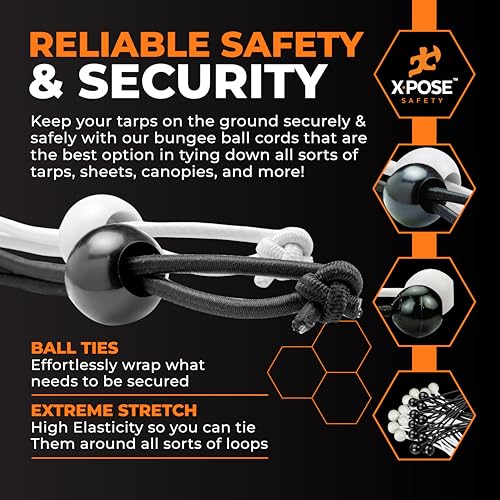 Image of Xpose Safety Bungee Ball Cords 9 inch 10 Pack Heavy Duty Assorted Colors Black and White Stretch Rope with Ball Ties for Canopies, Tarps, Walls, Cable Organization