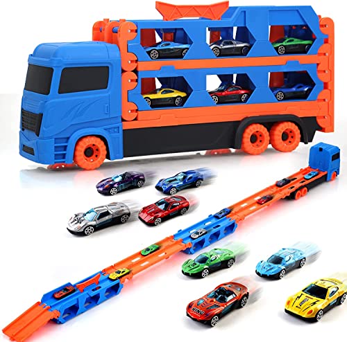 AM ANNA Mega Hauler Truck with Ejection Race Track, Mega Deform Catapulting and Shooting Folding Storage Car Carrier with 12 Metal Car,New Toy Truck Transporter Car Carrier for Kids Ages 3-8