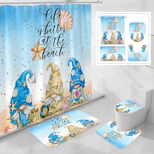 Litabel 4 Pcs Summer Gnomes Shower Curtain Set with Non-Slip Rugs Toilet Lid Cover and Bath Mat Sea Beach Starfish Country Bathroom Decor Set with Shower Curtain and Rugs(Hooks Not Included)
