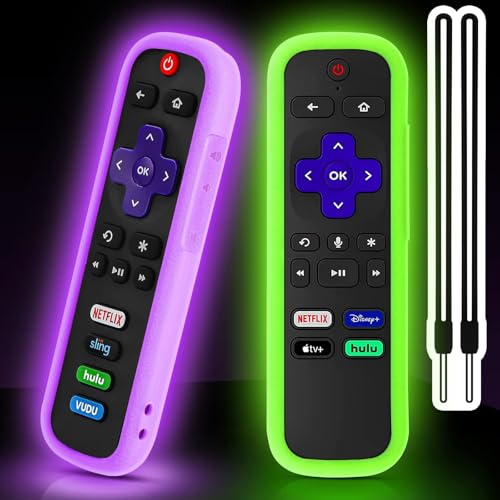Image of 2 Pack Remote Cover for Roku, Battery Cover for TCL Roku Smart TV Steaming Stick Remote, Silicone Remote Case for Roku Universal Protective Controller Sleeve Skin Glow in The Dark Green Purple