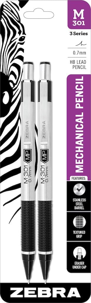 Zebra Pen M-301 Mechanical Pencil, Stainless Steel Barrel, Medium Point, 0.7mm, Black Grip, 24-Pack