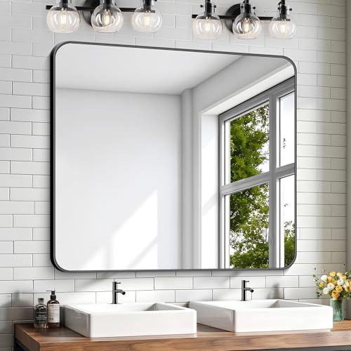 Image of KOCUUY Bathroom Mirror 36 inchx40 inch, Black Rectangle Mirrors for Wall, Large Metal Framed Vanity Mirror with Rounded Corner for Bedroom Living Room and Entryways Hangs Horizontal /Vertical