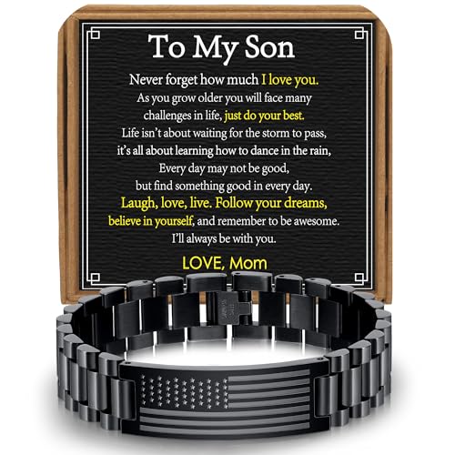 VULETO Gifts for Son from Mom, To My Son Adult Stainless Steel American Flag Watch Link Bracelet Birthday Valentines Christmas Jewelry Gifts Presents for Kids Teen Teenage Boys Ideas Age
