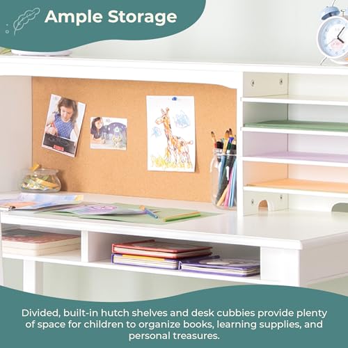 Image of Guidecraft Kids Media Desk and Chair Set - White: Kids Writing Desk with Hutch and Storage Shelves, Computer Workstation with Corkboard, Wooden Desk Set for Boys and Girls