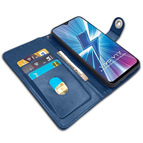Image of Pikkme Vivo Y12 / Y15 / Y17 / U10 Flip Cover Leather Finish | Inside TPU with Card Pockets | Wallet Stand and Shock Proof | Complete Protection Flip Case (Button Blue)