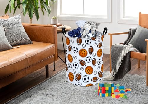 Image of Round Colorful Basketballs Pattern Laundry Hamper Storage Basket Fabric Material Storage Hamper Organization Basket, Storage Bin, Gift Box with Handles for Room