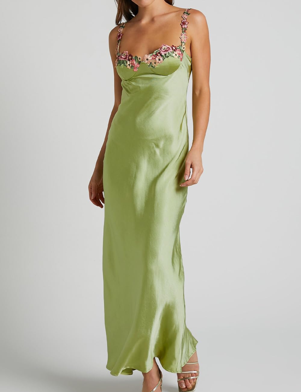 Sexy Satin Spaghetti Strap Floral Embroidered Maxi Dress for Women Sweetheart Neckline Backless Sleeveless Slit Midi Dress - Image 4