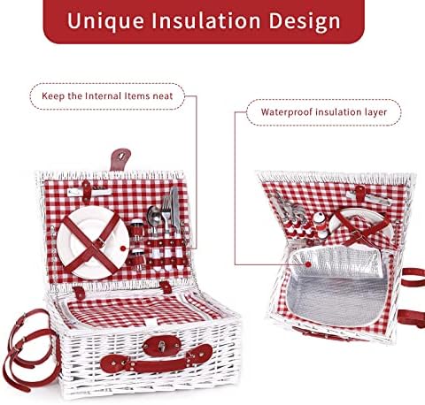 Wicker Picnic Basket Set for 2 Persons with Large Insulated Cooler Compartment Willow Hamper Set with Picnic Blanket Cutlery Romantic Service Kit -Washed White (Washed White)