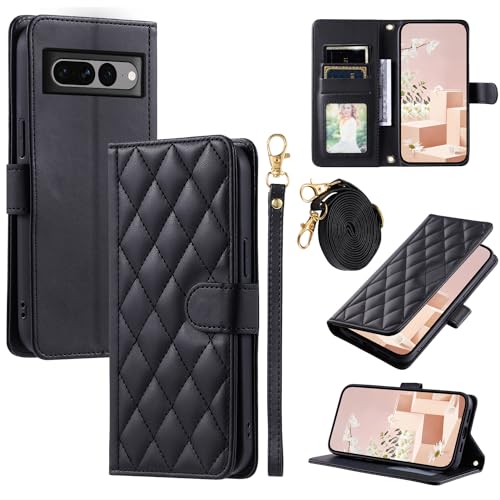 Furiet Wallet Case for Google Pixel 7 Pro 5G with Wrist Strap, Shoulder Strap, Multiple Card Slots Folio Purse, PU Leather Stand Cell Phone Cover for Pixel7Pro Pixel7 XL Seven 7Pro 6.7 Women Men Black