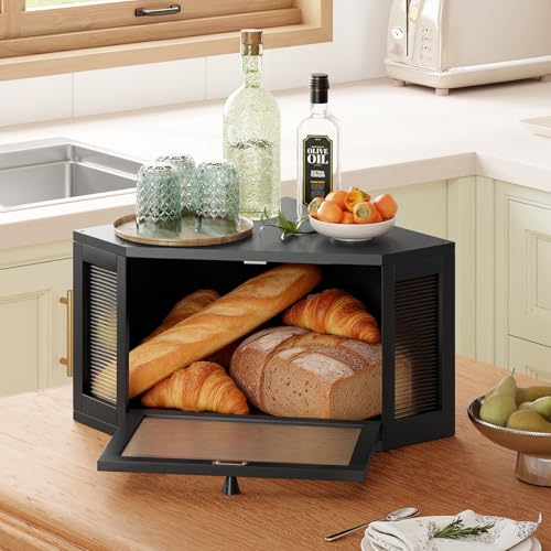 Image of WOWLIVE Corner Bread Box for Kitchen Countertop, Bamboo Bread Storage Container, Large Farmhouse Bread Holder with Acrylic Wavy Door Panel, Multi-functional Container, Black