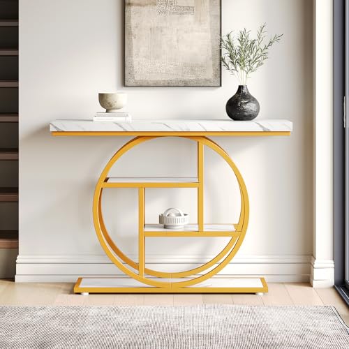 LITTLE TREE Console Table, 4-Tier Entryway Table Behind Couch Table, 41.3-Inch Modern Sofa Table for Living Room, Foyer Hallway Table for Entrance, White and Gold