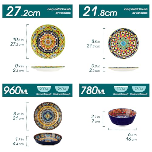 Image of vancasso 24 Pieces Plates and Bowls Set, Bohemian Style Dinnerware Sets Service for 6, Porcelain Boho Dishes Set for Kitchen, Housewaring Gift, Dishwasher and Microwave Safe, Series KRVI