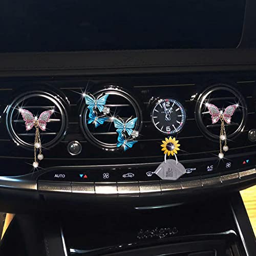 Image of 4 Pcs Bling Butterfly Air Vent Clips, Pink & Blue Butterfly Car Air Fresheners Vents Clips Car Diffuser Diamond Car Interior Decor Cute Car Accessories Car Decoration for Women +Sunflower Mask Hook