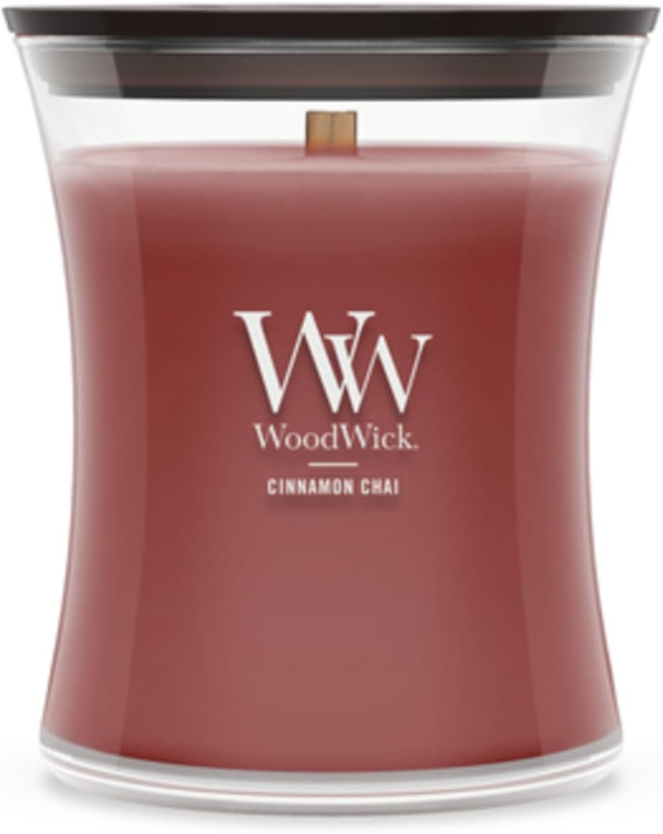 WoodWick Cinnamon Chai Holiday Candle Gifts for Women and Men, 9.7 oz Medium Hourglass Candle with Crackling Wick