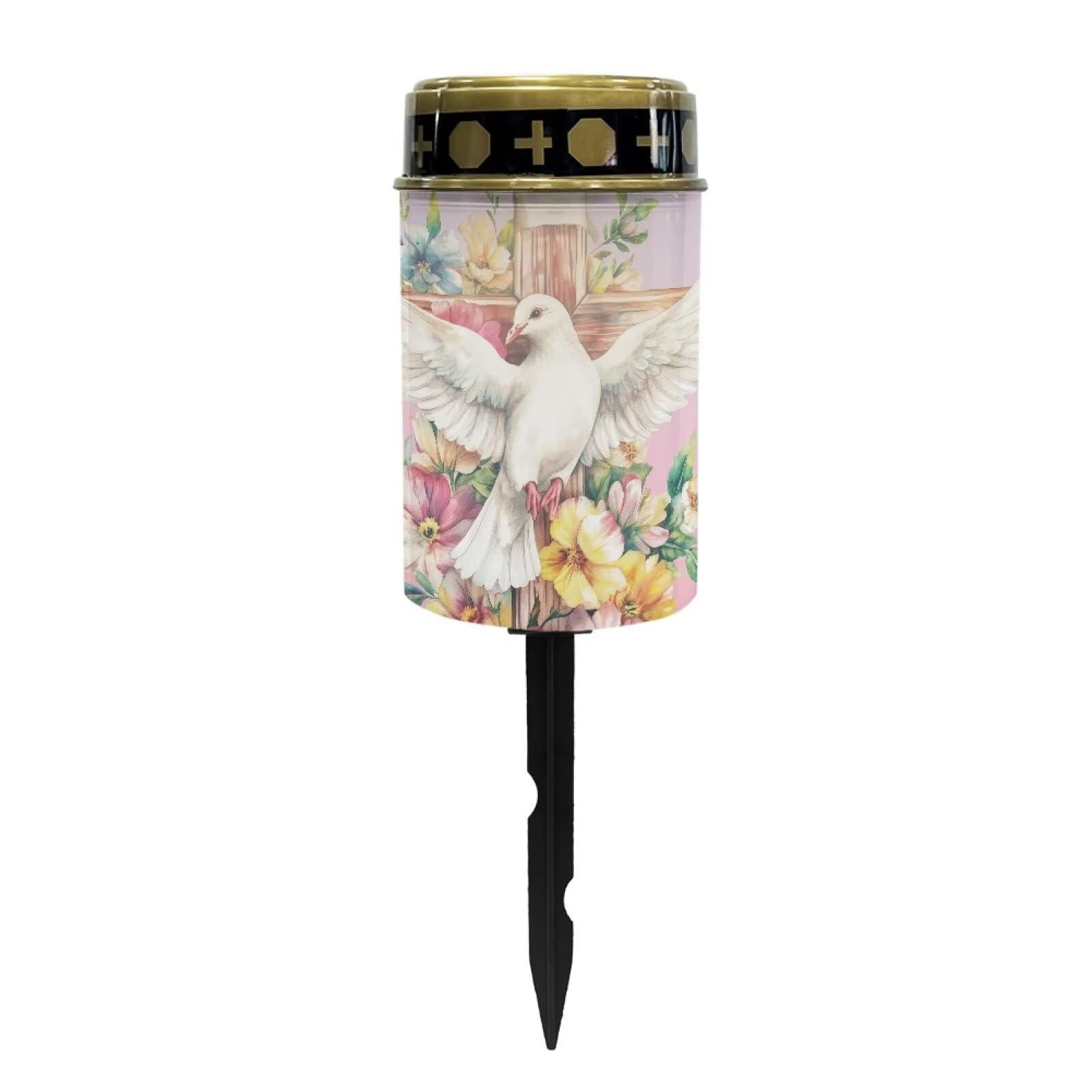 Cemetery Lights for Grave, Pigeon Cross Floral Print Outdoor Flameless Candles Solar Powered Flameless Cemetery Solar Lights Dustproof Waterproof and Easy to Install