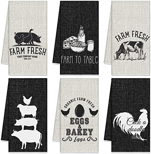Redbaker 6 Pcs Farm Animal Theme Kitchen Towels Farmhouse Funny Dish Towel Rustic Hand Towels Rooster Cow Pig Decorative Tea Towels Absorbent with Hanging Loop for Kitchen Bathroom Housewarming Gift