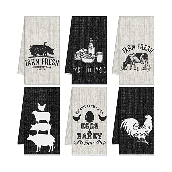 Redbaker 6 Pcs Farm Animal Theme Kitchen Towels Farmhouse Funny Dish Towel Rustic Hand Towels Rooster Cow Pig Decorative Tea Towels Absorbent with Hanging Loop for Kitchen Bathroom Housewarming Gift