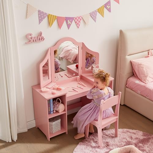 Image of MOUDS Kids Vanity Set 2 in 1, Sturdy & Durable Princess Makeup Table, Easy Assembly Toddler Vanity with Open Storage, Detachable Tri-fold Mirror Vanity for Little Girls Age 3-9 (Pink with Chair)