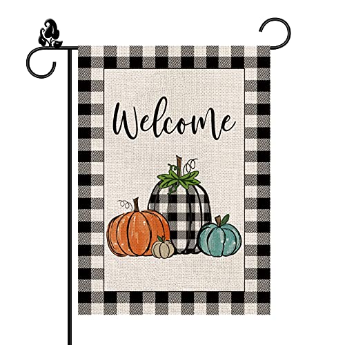 Fall Garden Flag Pumpkins Check Buffalo Harvest Thanksgiving Burlap Vertical Double Sided Outdoor Decorations Autumn Yard Decor 12.5 x 18 Inch