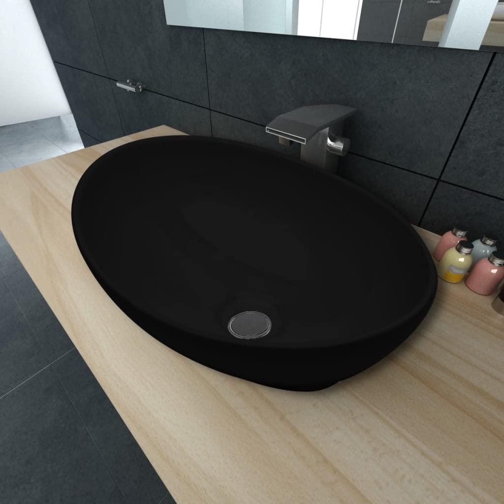 Lavabo ovalado negro 40 x 33 cm de cerámica brillante diseño moderno y durabilidad para cuarto de baño, inodoro de invitados o caravana