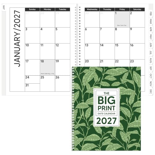 Fullhawl Big Print 2027 Date Calendar Daily Plan Organizer Large Print Calendar 2027 for People with Visually Impaired, Low Vision and Seniors(Green,Leaf)
