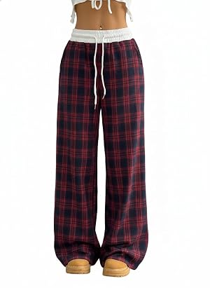 Womens Y2k Plaid Wide Leg Baggy Pants Vintage Elastic Waist Loose Trousers Casual Streetwear Pants with Drawstring