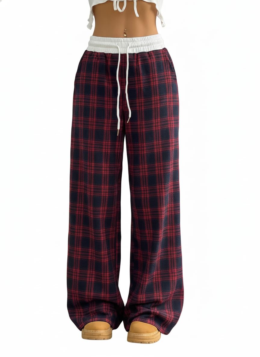 Womens Y2k Plaid Wide Leg Baggy Pants Vintage Elastic Waist Loose Trousers Casual Streetwear Pants with Drawstring