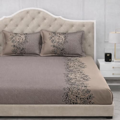 Image of 300 TC Cotton Feel Glace Cotton Elastic Fitted Bedsheet for King Size Double Bed | Fits up to 8 Inch Mattress | Printed Bedsheet with 2 Pillow Covers (Coffee, Double Size - 72 inchx72 inch)