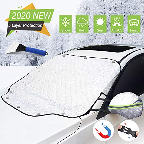 Omew Car Windshield Cover Snow, 5 Layers Magnet Sunshade Waterproof Frost Ice-Resistant Side