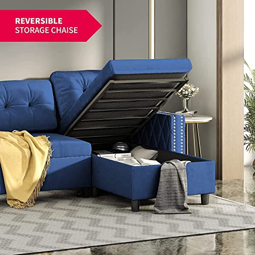 Mixoy Pull Out Sleeper Sofa With Storage, Reversible Sofa Couch, L-Shaped Sectional Sofa With Chaise And Pocket, Ideal For Living Room, Apartment And Office (Navy Blue, With Rivet) #TOP4