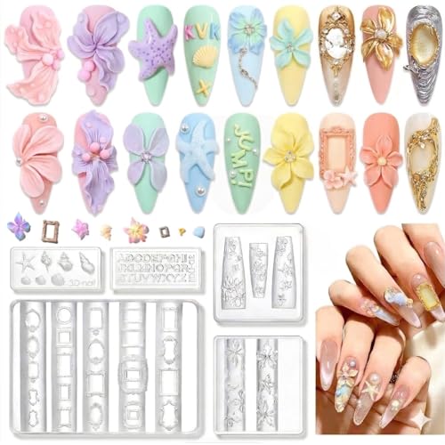 Bafutayawa 3D Gel Nail Art para Rápido Moldeo, Molde de Silicona Flores Reutilizable, Set de Diseño de Uñas para Manicura DIY, 5 Piezas Transparente