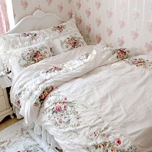 Fadfay Farmhouse Bedding Elegant And Shabby Vintage Rose Floral Duvet Cover Bedskirt Lovely White Lace And Ruffle Style Exquisite Craft 100% Cotton,Full Size 4-Pieces #TOP3