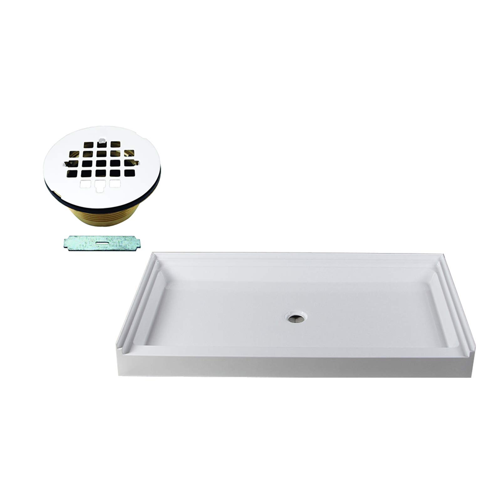 Westbrass SP6036WB-50 60" x 36" 3-Wall Shower Pan with Solid Center 4-1/4" Cross Grid Brass Drain Cover, 60 in. x 36 in, Powder Coat White