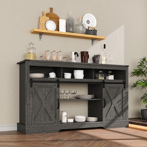 Image of RoyalCraft Farmhouse TV Stand for 23 inch Fireplace, 34'' Tall Entertainment Center for 65+ Inch TV, Rustic TV Console with Sliding Bar Door for Living Room, Dark Grey