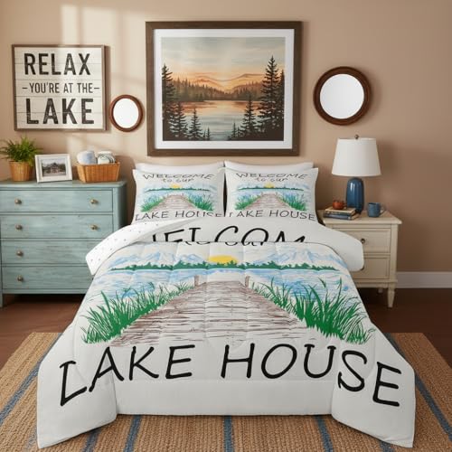 Lake House Bedding Set Twin Size Rustic Farmhouse Comforter Set for Kids Adults Women Teens Cabin Home Room Decor Watercolor Lake Mountain Scenery Quilted Duvet Retro Plaid Print Duvet Insert 2pcs