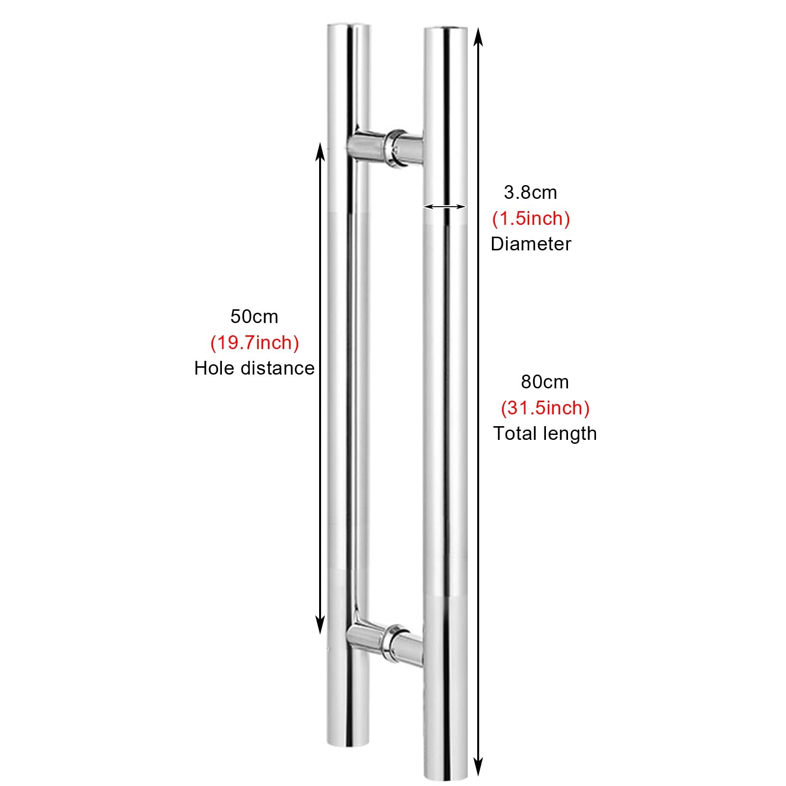Polerowany chromowany uchwyt do drzwi z zestawem instalacyjnym – okrągły drewniany drążek do drzwi szklanych – konstrukcja Push/Pull (biała, 80 cm / 32 cale - 50 cm)