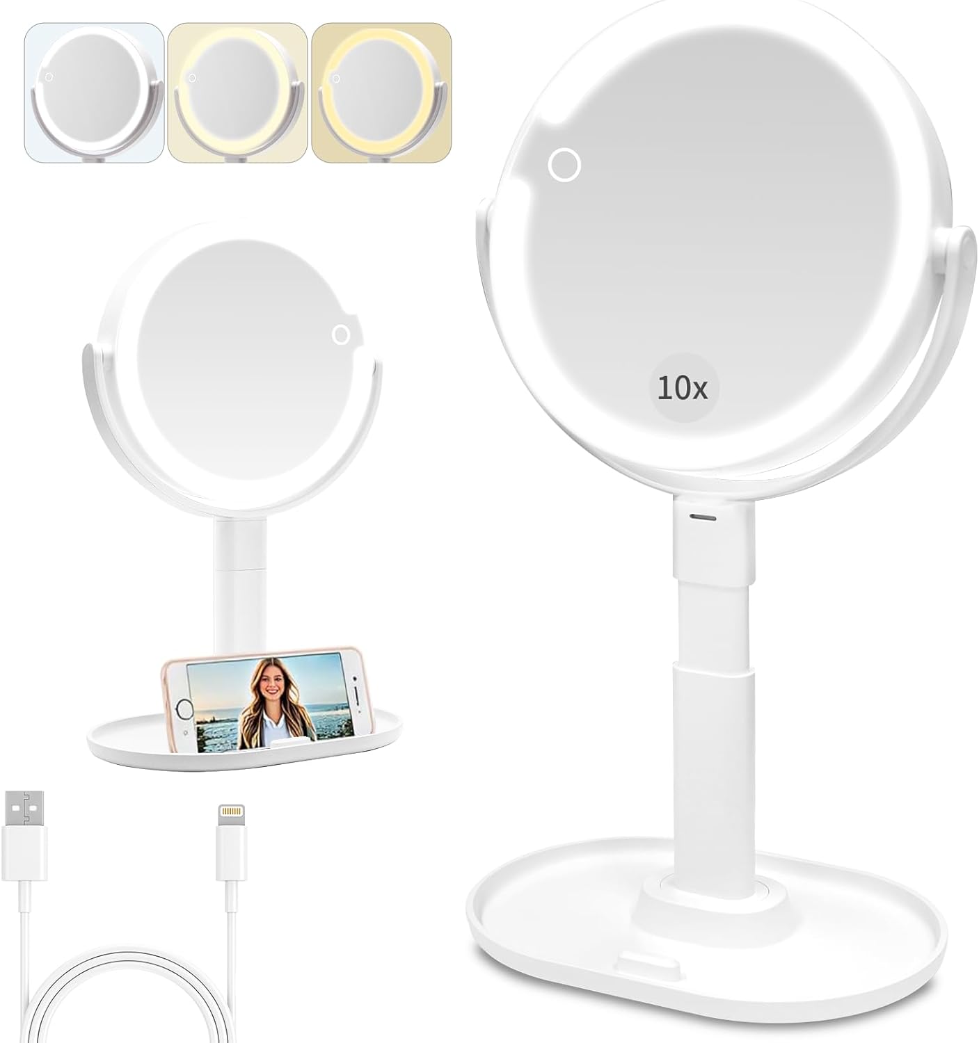 Espejo de Maquillaje con Luces LED SANYCASA, Doble Cara 1X/10X, Recargable