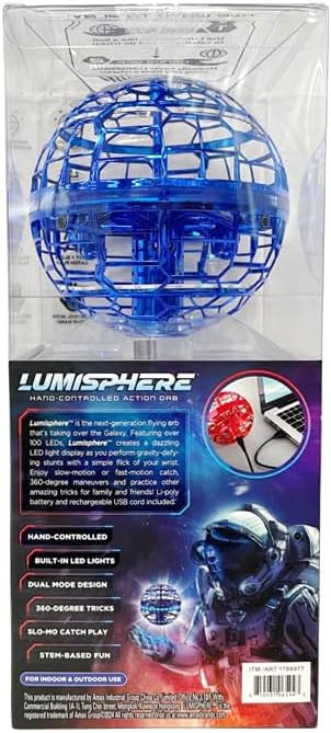 Lumisphere Hand-Controlled Action Orb in its retail packaging, back view, listing features like Dual Mode Design and STEM-Based Fun.