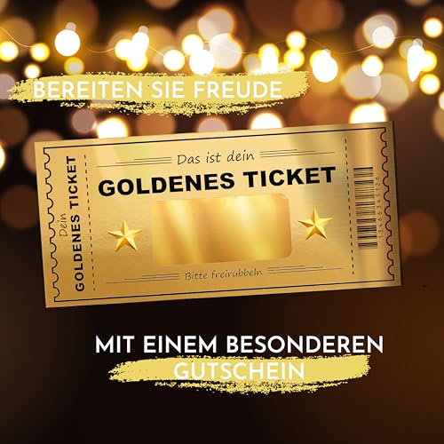 CraftWerk Goldenes Ticket mit Rubbelfläche - Personalisierbarer Gutschein zum selber ausfüllen als Geschenk für Frauen, Freund und Freundin - Rubbellos für Geburtstag, Kino und Weihnachten