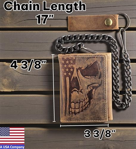 Image of F&L CLASSIC RFID Blocking Men's Tri-fold Vintage Biker Cowhide Leather Steel Chain Wallet,Snap closure, brown,skull /flag,315-103